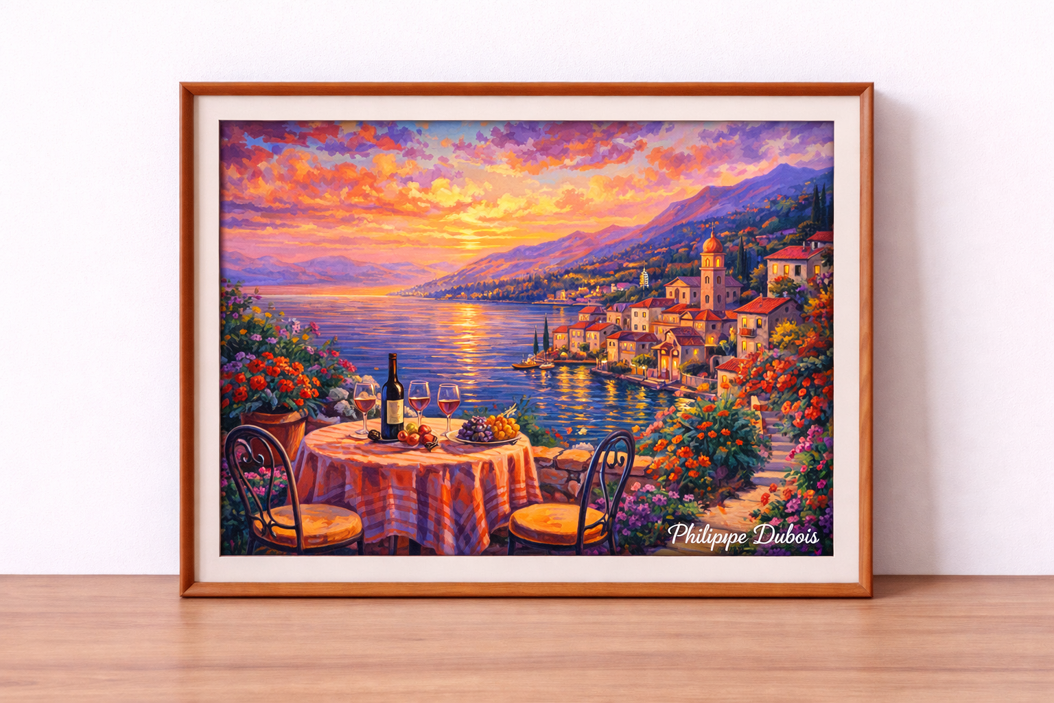 Mediterranean sunset over coastal village