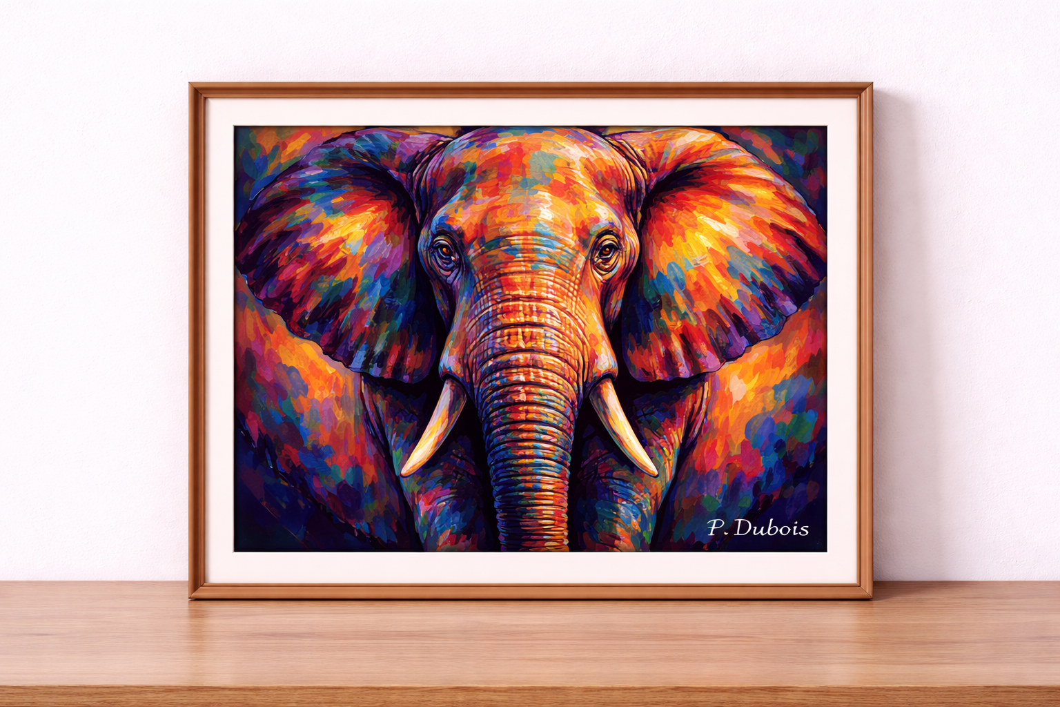 Vibrant fauvist elephant portrait on display