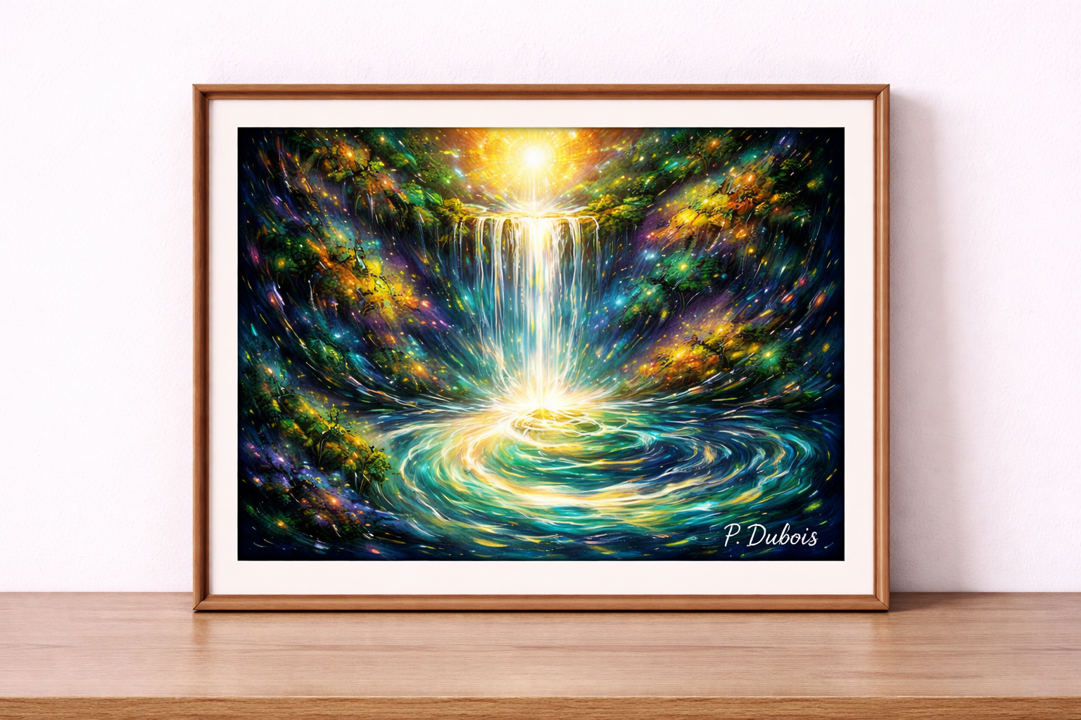 Vibrant waterfall and glowing pool