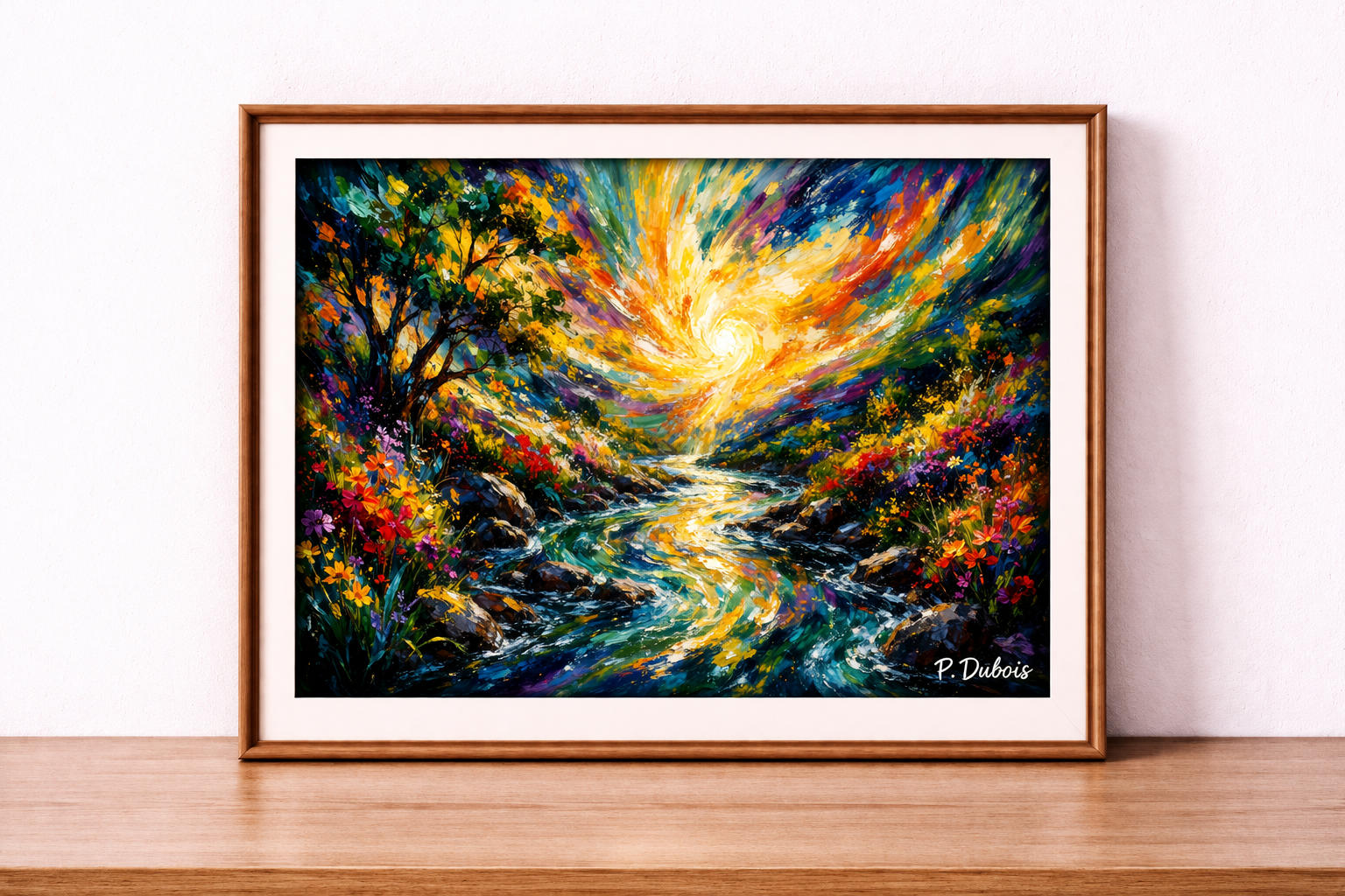 Vibrant landscape in a wooden frame
