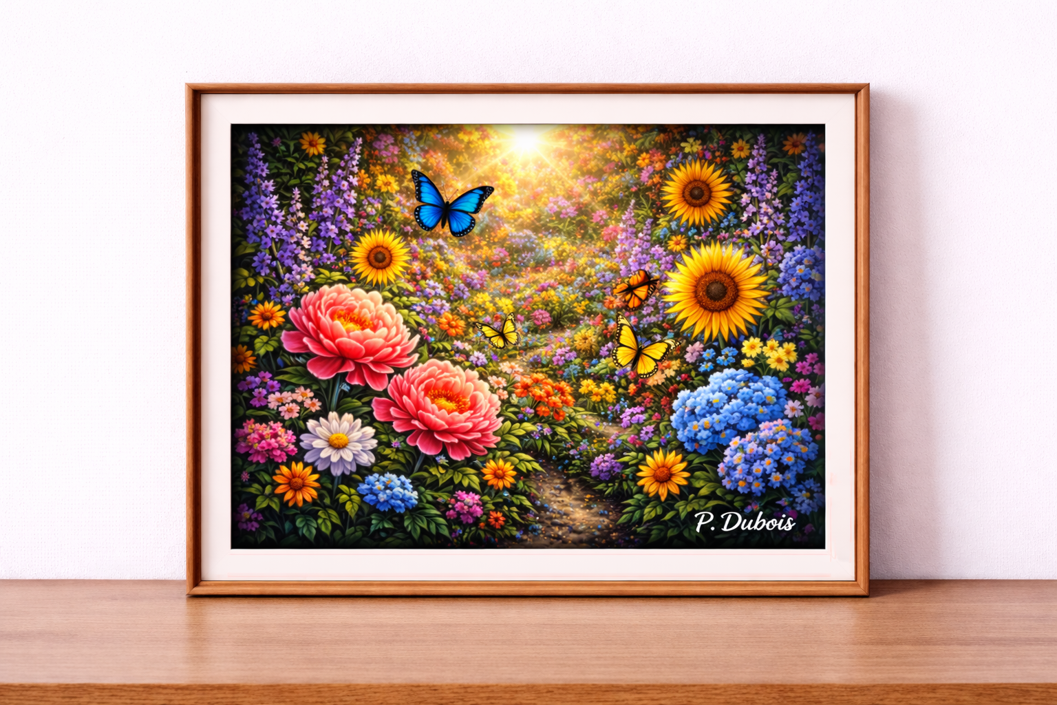 Vibrant floral garden with butterflies