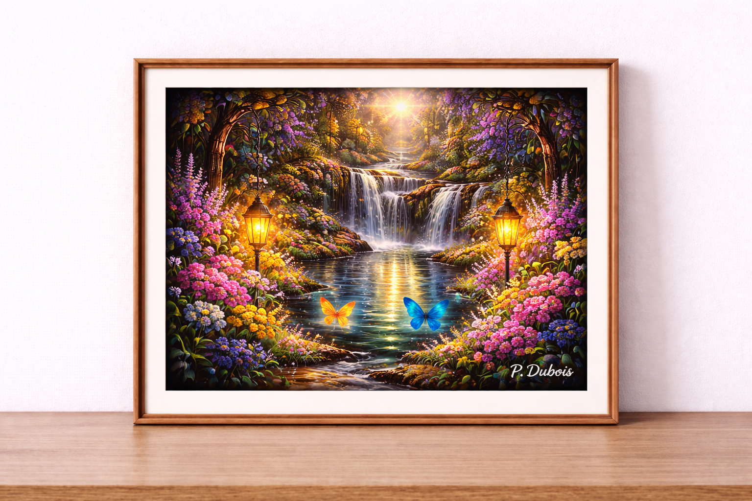 Enchanting waterfall and glowing garden