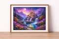 Magical twilight castle with glowing garden