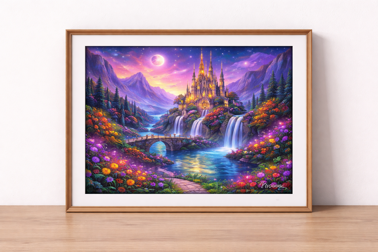 Magical twilight castle with glowing garden